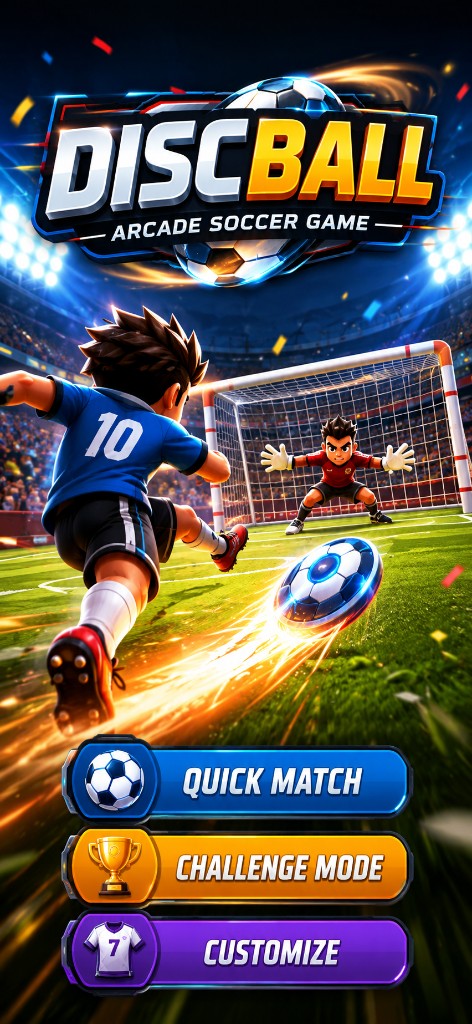 Discball player striking a glowing disc toward a red-kit goalkeeper in a packed night stadium